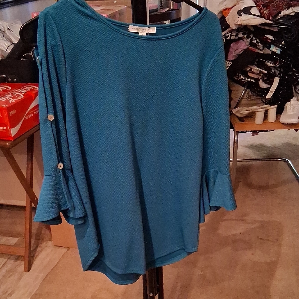 Green Envelope Teal Blouse with Button Accents